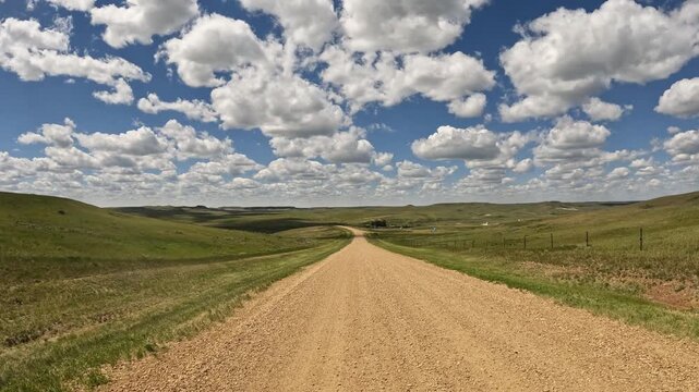 POV while driving along a narrow prairie park road under a blue summer sky with puffy white clouds
