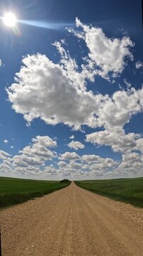 Point of view driving on a narrow gravel road through open farmland under a beautiful summer sky
