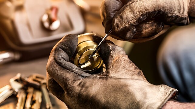 Extreme close-up of a locksmith's hands wearing worn leather gloves