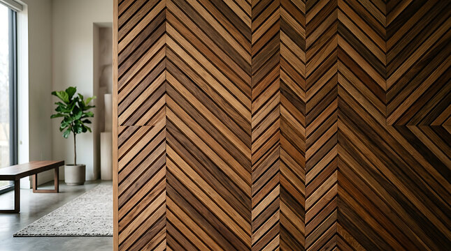 Chevron pattern wood panel wall provides luxury architectural texture in modern home.