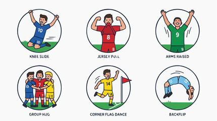 Fototapeta premium Soccer Player Icons Celebrate Athletic Actions in a Goal Celebration Set, Highlighting Teamwork, Training, and Sports Performance Concept for Media