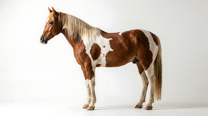 Obraz premium Brown and white horse standing on white background