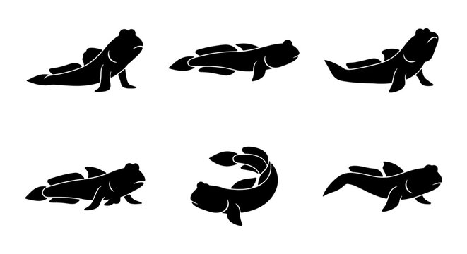 Mudskipper Silhouettes Set, Amphibious Fish Vector Icons, Aquatic Wildlife Collection, Marine Biology Illustration