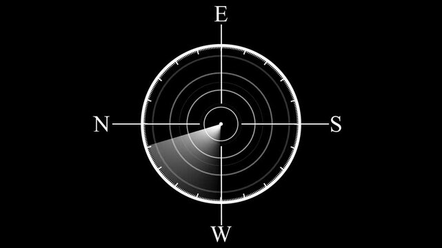 Dark Minimalist Radar Scan Animation with Subdued White Lines and Glowing Sonar Beam on Black Background, Concept of Stealth Detection, Submarine Navigation, and UI Elements