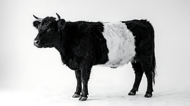 Black and white cow standing on white background