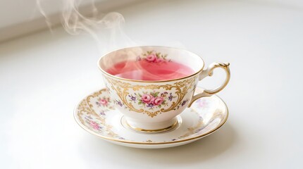 Fototapeta premium Steaming pink tea in a delicate floral china cup and saucer
