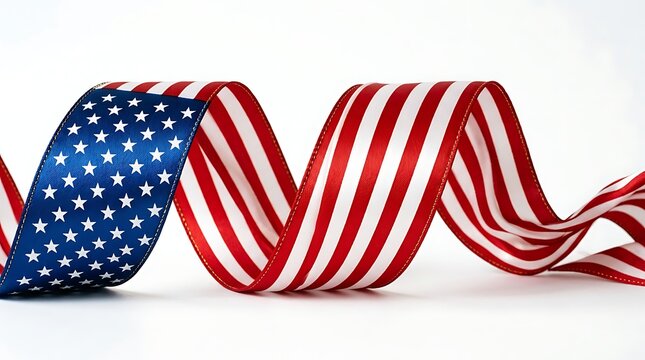 American flag ribbon curling on white background