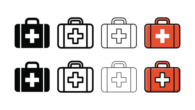 Variety of medical cases with plus signs in flat icon style on a white background for healthcare concepts