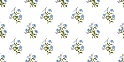 Obraz premium Delicate seamless floral pattern featuring soft blue wildflower bouquets on a light background. Elegant botanical design with a vintage cottage core aesthetic, perfect for fabric, wallpaper, wrapping