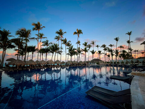 Punta Cana, R&eacute;publique dominicaine. Une piscine, le matin avec palmiers. Station baln&eacute;aire tropicale. Vacances.	