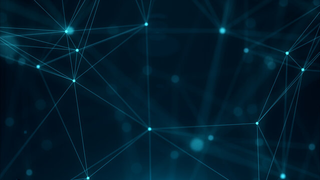 Abstract plexus of moving glowing dots and lines. Network or digital connection. Technology background. 3d rendering