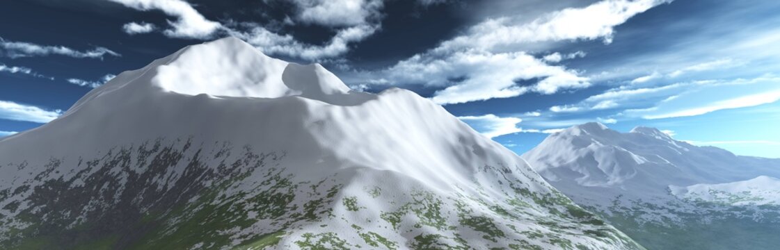 Snowy peak, mountain landscape panorama, sunset in the mountains, mountains and snow, sky and mountains, 3D rendering