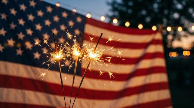 Hand holding burning sparklers against american flag at sunset during fourth of july.