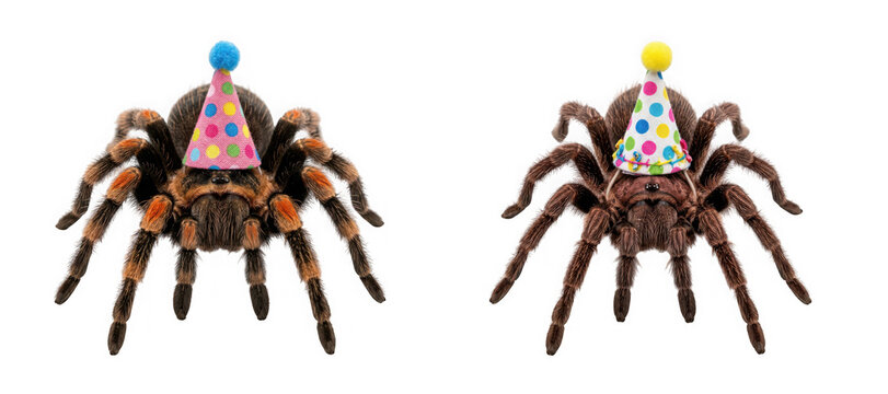 Two tarantulas wearing colorful party hats isolated on transparent background