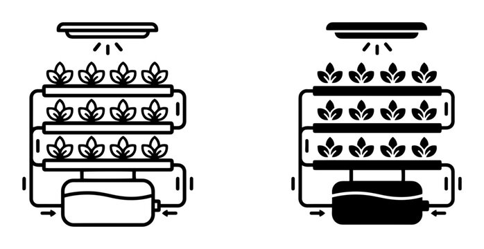 Indoor cannabis growing systems, hydroponic marijuana cultivation, indoor farming icons, gardening illustrations