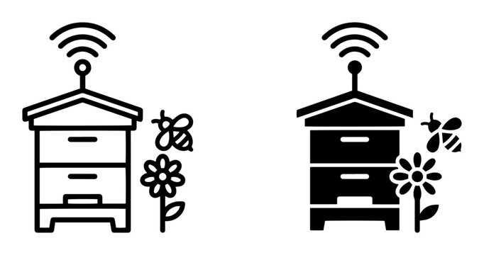 Beehive, smart apiary, wireless icons, black and white vector graphics