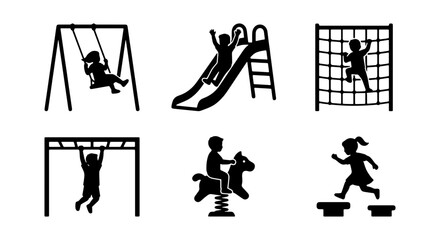 Children's playground icons, playful silhouettes of kids on swings, slides, climbing nets, monkey bars, and spring riders. © Rahul