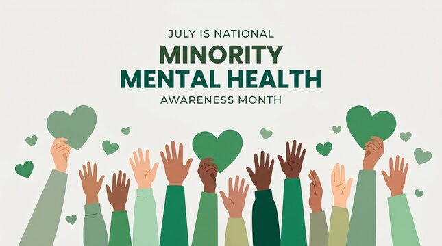 Minimalist july national minority mental health awareness month graphic with diverse arms holding green hearts.