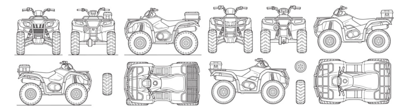 All-Terrain Vehicle (ATV) Technical Line Drawings Blueprint - Front, Side and Top Views With Tire Detail