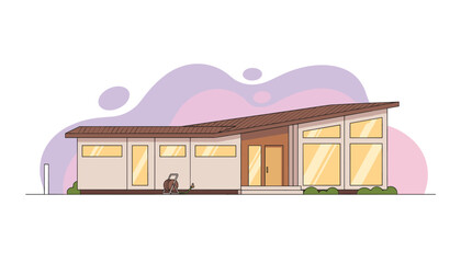 Obraz premium Modern mid-century house exterior with large windows, a hose reel, and a soft purple sky background at sunset for architectural design concepts.