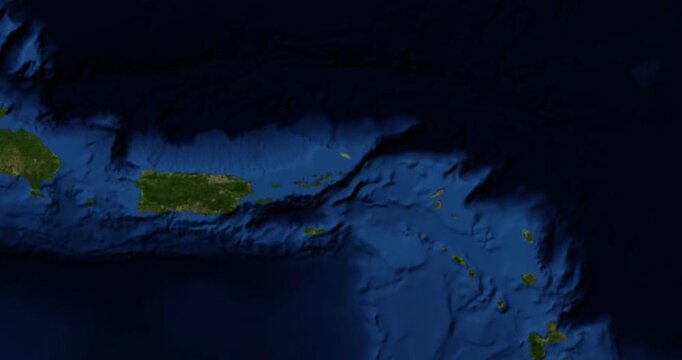 Tortola on Globe. Zoom into the island with Earth spinning in space. High detail physical world map with Tortola on it. Elements of this image furnished by NASA.