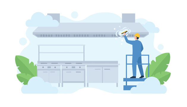 Industrial kitchen hood cleaning service performed by worker on platform using squeegee to remove grease and maintain hygiene standards in commercial food preparation facility.