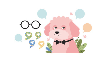 Fototapeta premium Fluffy pink poodle dog wearing formal black bow tie sits surrounded by floating speech bubbles, round eyeglasses, and various colorful patterned neck scarves.