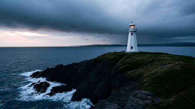 A glistening lighthouse sits on a rugged cliff overlooking a vast ocean under dramatic storm clouds