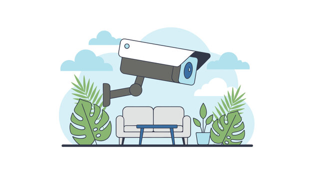 Surveillance security camera mounted on wall overlooking living room area with couch, coffee table, and potted plants on white background.