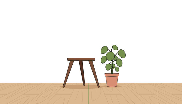 Simple wooden three-legged stool sits beside a lush green potted plant on a warm-toned wooden floor in a minimalist interior setting.