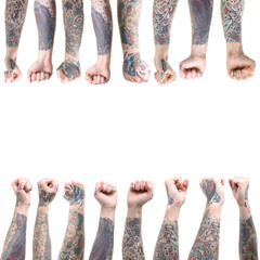 Fototapeta premium Man showing his tattooed hands, closeup. Set with gesture on white background