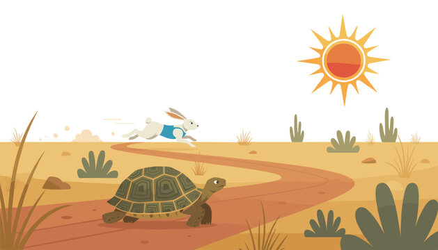 Hare racing against a slow tortoise on a dirt path through a desert landscape under a bright orange sun competition and perseverance.