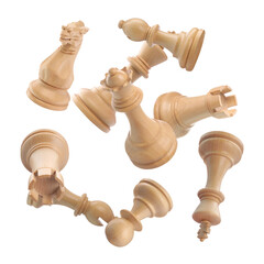 Wooden chess pieces falling on transparent background © New Africa