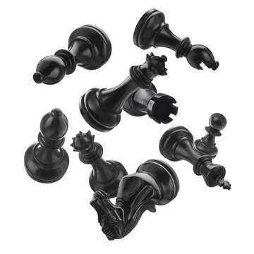 Black chess pieces falling on transparent background
