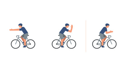 Fototapeta premium Cyclist performing hand signals for turning and stopping on a bicycle, essential road safety guide for urban commuters and riders.