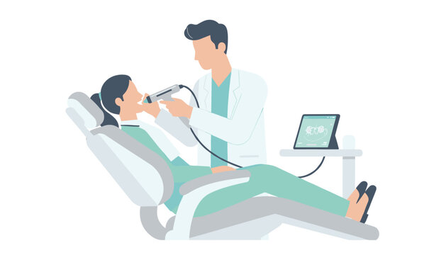 Dentist using a digital intraoral scanner to examine a patient sitting in a dental chair while viewing the results on a tablet in a modern clinic.