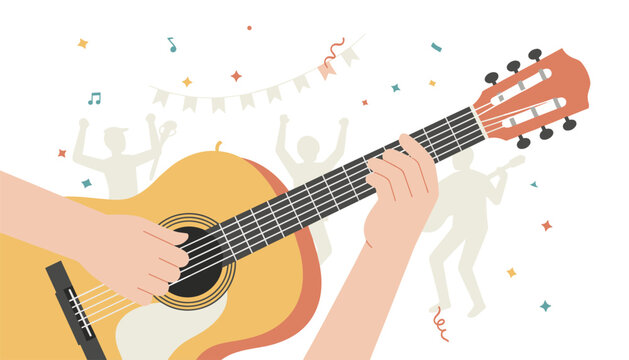 Hands playing acoustic guitar with confetti falling and silhouettes of dancing people in the background during a festive celebration.