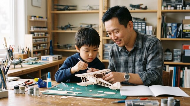 Asian father and son bonding while building a wooden airplane model together at home