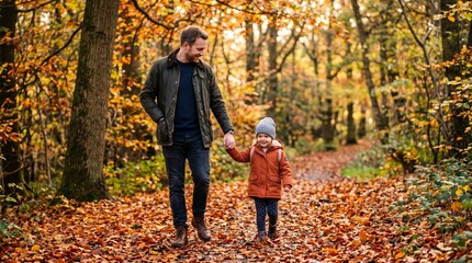 Fototapeta premium Father and Daughter Walking Hand in Hand on a Leaf Covered Path in Autumn Forest