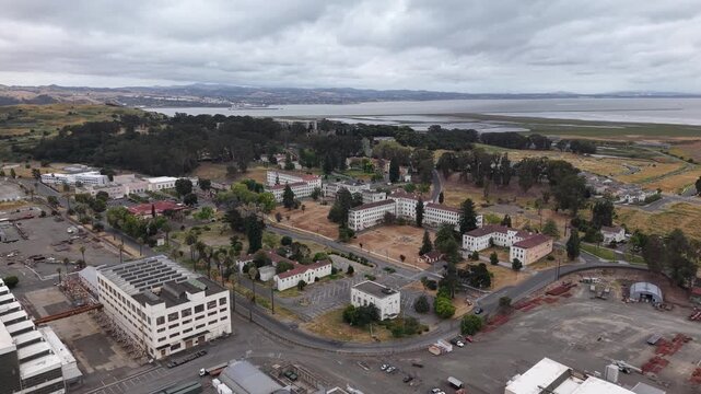Aerial View of Historic Buildings and Former Officers Quarters at Mare Island, Vallejo California 4K