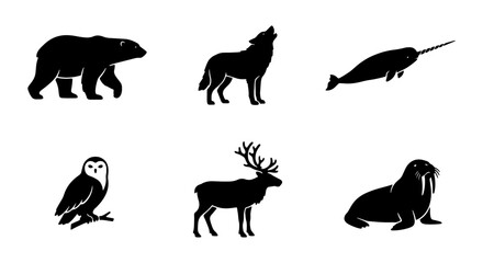 Arctic Wildlife Icons Set: Polar Bear, Wolf, Narwhal, Owl, Reindeer, Walrus Silhouettes © Farhana