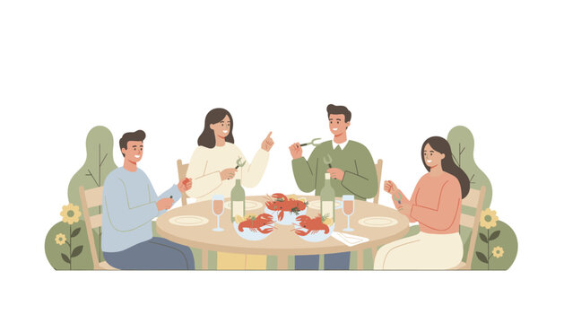 Four friends sitting around round table in garden setting enjoying crayfish meal with wine glasses during outdoor social gathering and dinner party.