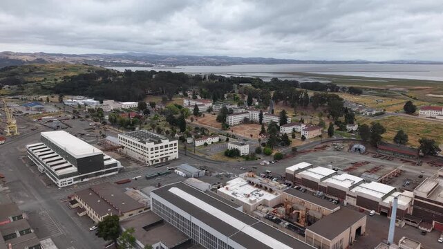 Aerial View of the Historic Mare Island Naval Shipyard Waterfront and Dry Docks, Vallejo California 4K
