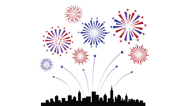 Colorful fireworks exploding over a black silhouette of a city skyline for festive celebrations and urban night event concepts.