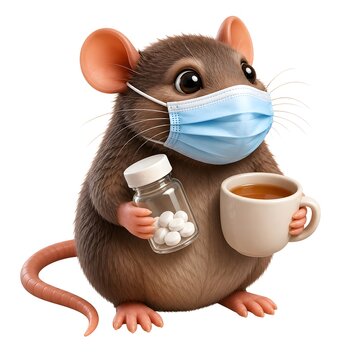 Cute cartoon mouse wearing medical mask holding pills and tea cup