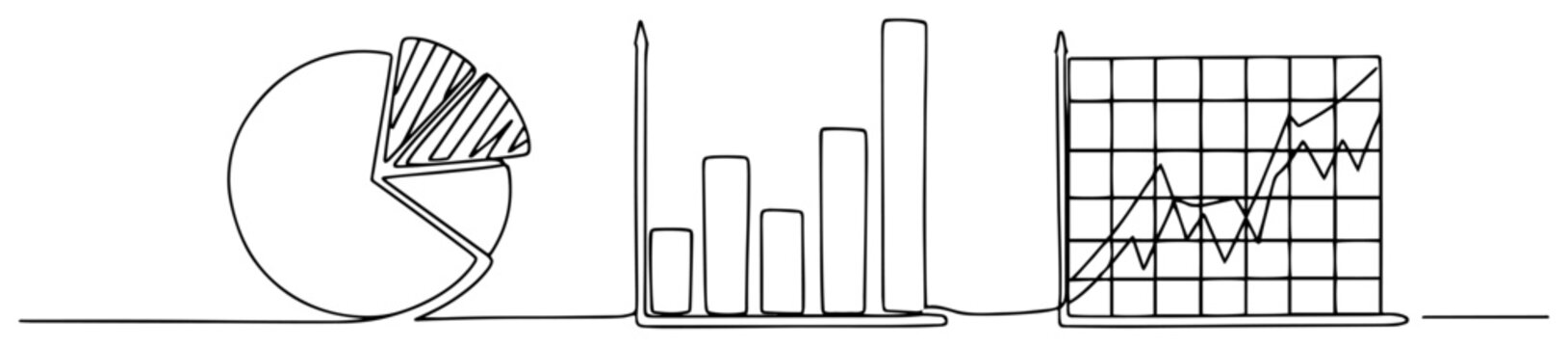 Business statistics pie chart bar graph and data analysis line plot in continuous line art style