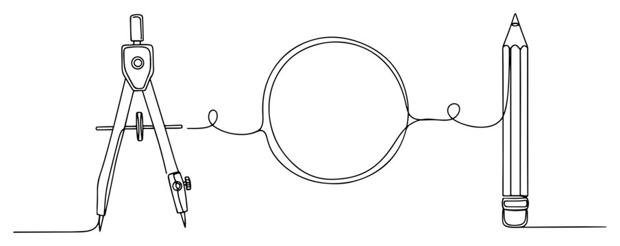 Drafting tools compass and pencil drawing circle in continuous line art style