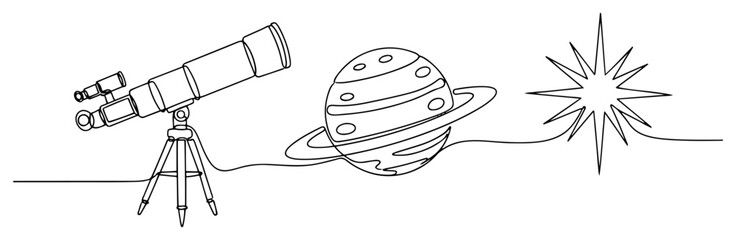 Telescope planet and star for space exploration in continuous line art style © OnlyVector