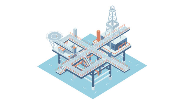 Isometric view of a sea-based rig featuring a helipad and steel walkways, showcasing technical equipment and complex facility layout for marine operations.