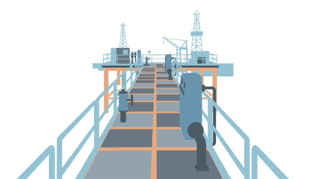 Isometric perspective of a steel walkway on a sea-based rig with railings and pipes, illustrating technical equipment and facility layout for marine projects.